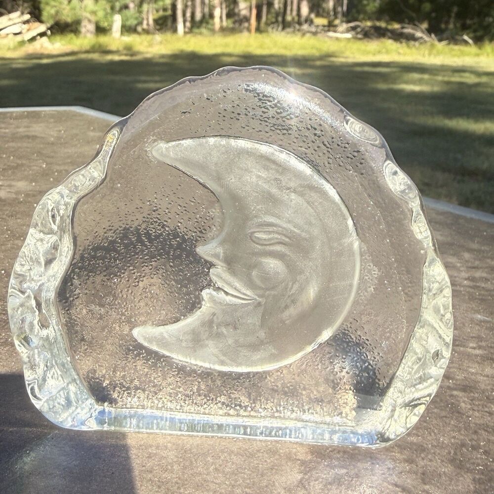 Etched Man In The Moon Face Crystal Sculpture Paperweight Celestial Whimsygoth